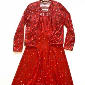 Vintage Gay Gibson Red Patterned Dress and Jacket Set 70’s